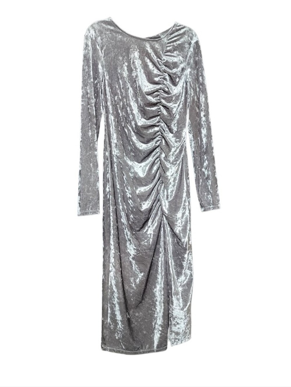 Silver Velvet Ruched Long-Sleeve Maxi Dress